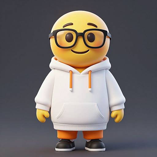 3D digital cartoon of a smiling, yellow, bald character with black glasses, wearing a white hoodie, orange pants, and black shoes.