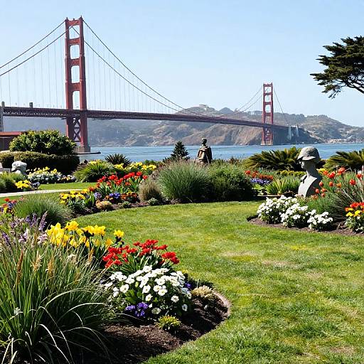 Photograph of a vibrant flower garden with yellow, red, and white blooms, in front of the iconic red Golden Gate Bridge.