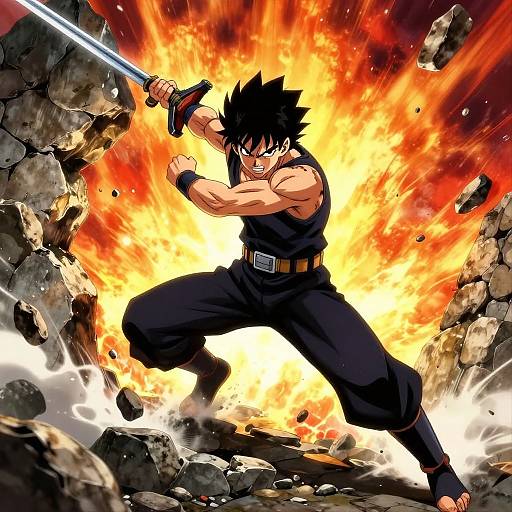 Anime-style digital drawing of a muscular, black-haired male warrior in black attire, wielding a glowing sword, surrounded by fiery explosion and broken rocks, striking