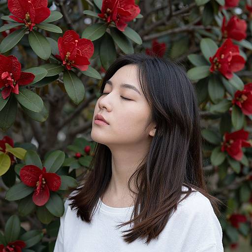 Tranquil Woman Among Red Blossoms