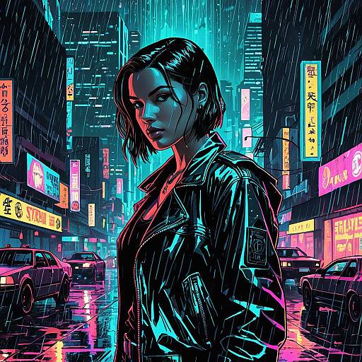 Cyberpunk Noir Girl in Rainy City