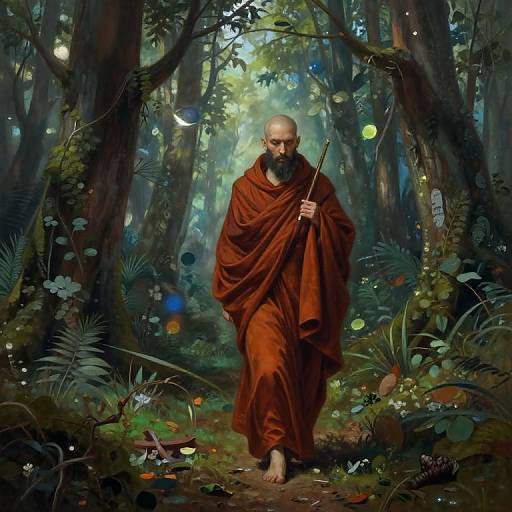 Digital painting of a bearded man in a red robe holding a staff, walking through a mystical, illuminated forest.