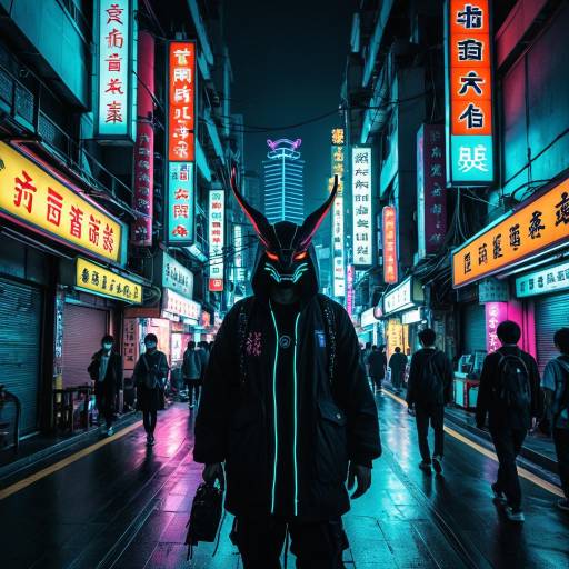 Cyberpunk Yokai in Neon-Lit Taipei Street