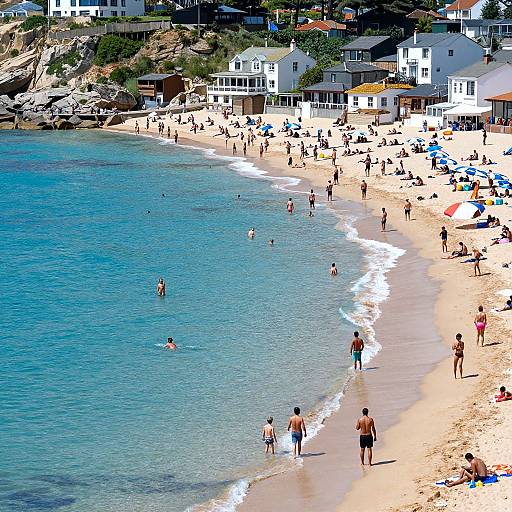 Vibrant photograph of a busy beach with clear blue water, white sand, sunbathers, swimmers, and colorful umbrellas, surrounded by
