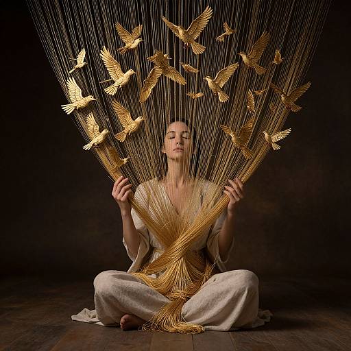 Photograph of a bald, meditating man in beige robes, sitting cross-legged, creating a golden bird sculpture with thin wires, against a dark background