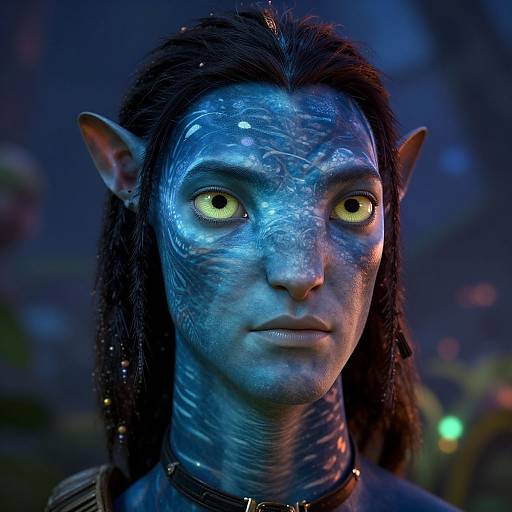 Photorealistic CGI portrait of a blue-skinned, yellow-eyed alien with dark hair, pointed ears, and intricate facial markings, set against a blurred