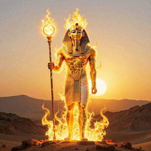 Digital artwork of an Egyptian pharaoh statue engulfed in flames, holding a torch, with a sunset and desert mountains in the background.