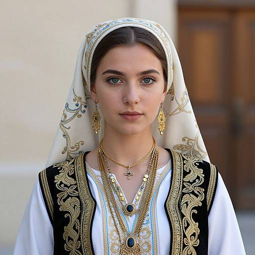 Photograph of a young woman with blue eyes, wearing traditional white and black embroidered attire, gold jewelry, and a white headscarf, standing against
