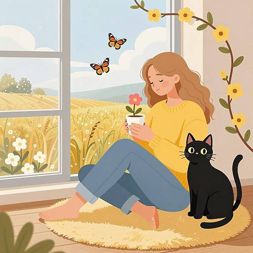Cozy Woman and Cat by the Window