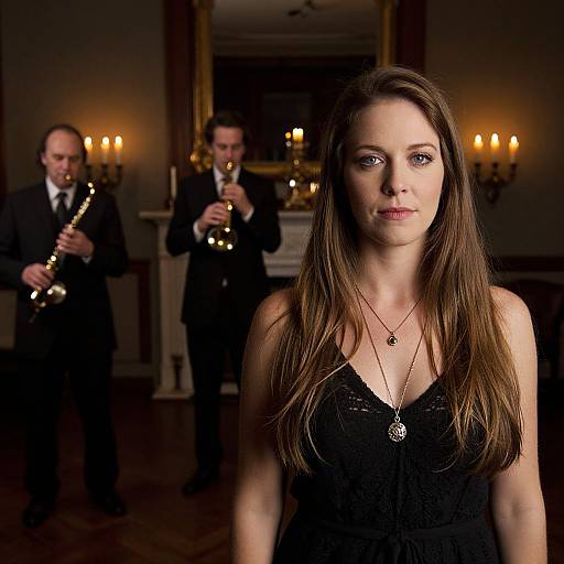 Photograph of a serious brunette woman in a black lace dress, foreground, with two men in suits playing saxophones in a dimly lit,
