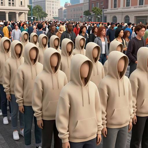 Photorealistic CGI image of a crowd of faceless, hooded individuals in beige sweatshirts, standing in a busy urban street. Background features