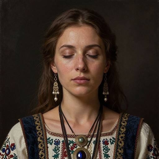Photograph of a young woman with long brown hair, closed eyes, wearing ornate earrings and embroidered dress, against a dark background.