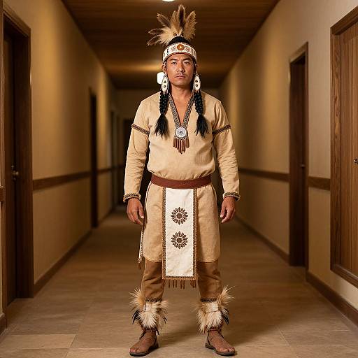 Photograph of a young Native American man in a hallway, wearing traditional beige and brown ceremonial attire with black and white trim, feathered headband,