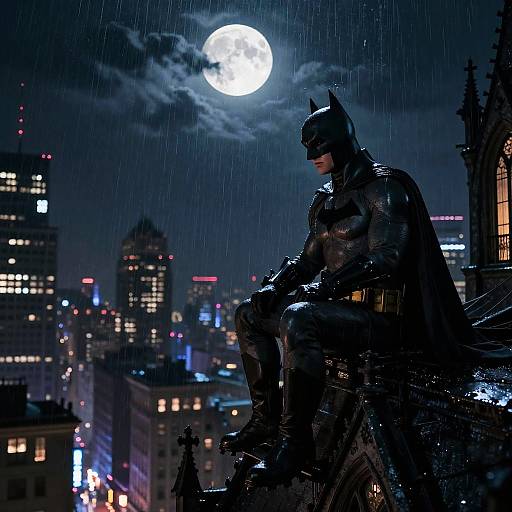 Photograph of Batman in dark, rain-soaked, gothic cityscape at night, under a bright full moon, with illuminated skyscrapers in