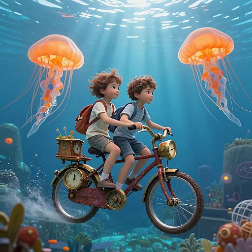 Digital artwork: Two curly-haired children on a steampunk bicycle, with orange jellyfish above, underwater scene, sunlight filtering through.