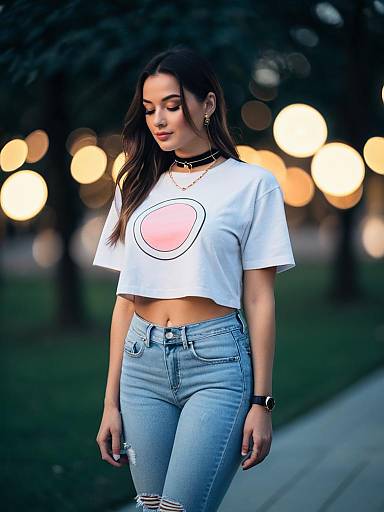 Young Woman in Casual Outfit with Graphic T-Shirt