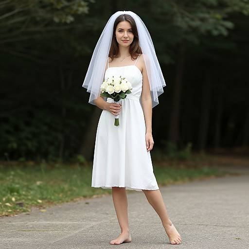 Photograph of a young woman in a white wedding dress and veil, barefoot, holding a white flower bouquet, standing on a paved path with green