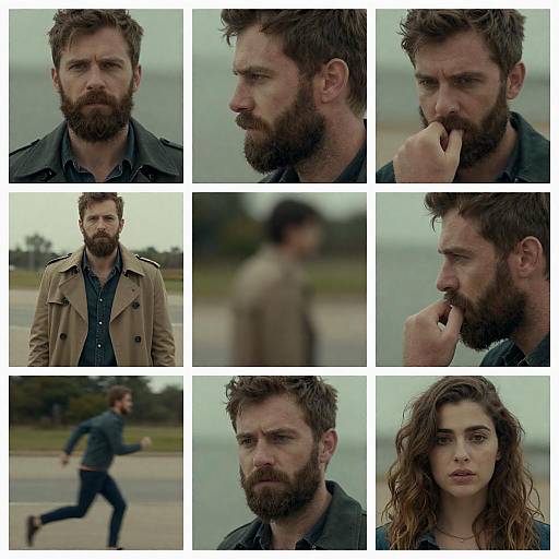 Collage of intense bearded man and woman in outdoor setting