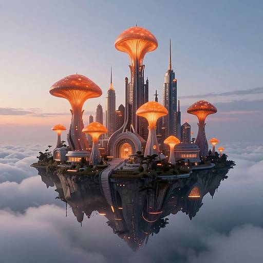 Futuristic floating city with glowing orange mushroom-like structures, towering skyscrapers, and a reflective surface, surrounded by fluffy clouds at sunset. Digital