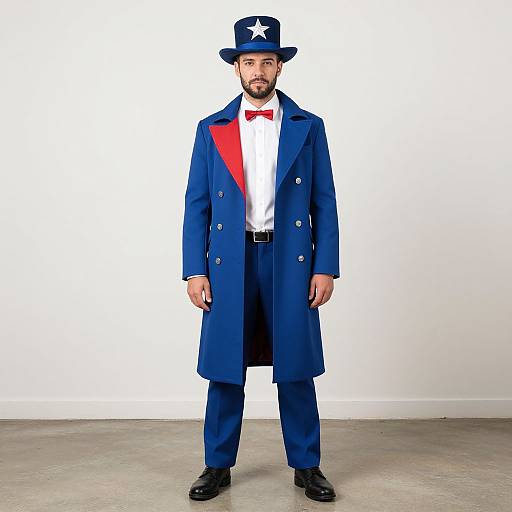 Photograph of a bearded man in a blue coat, red sash, white shirt, blue pants, black shoes, and top hat with a