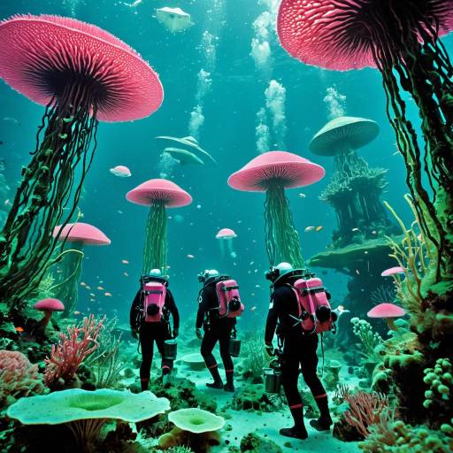 Underwater Explorers Amidst Vibrant Fungi Underwater Explorers Amidst Vibrant Fungi