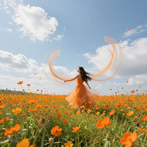 Photograph of a woman in an orange dress, long black hair, dancing in a vibrant orange poppy field under a bright blue sky with white clouds