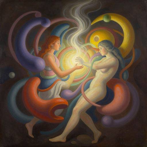 Digital painting of two women, one clothed, one nude, exchanging a glowing orb surrounded by colorful, swirling ribbons against a dark background.