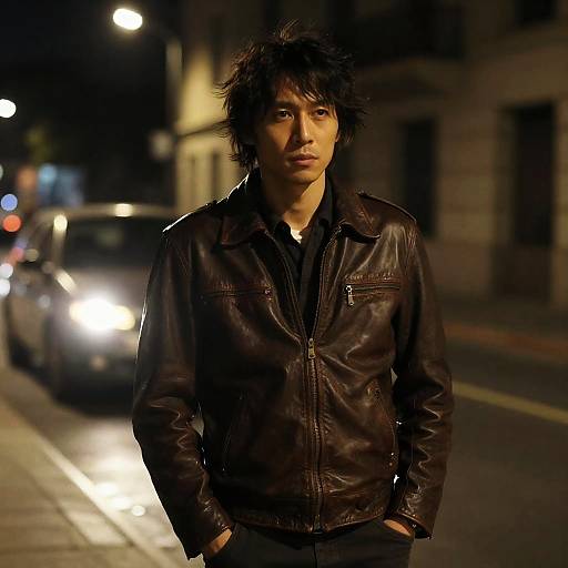 Intense Nighttime Portrait on Wet Streets