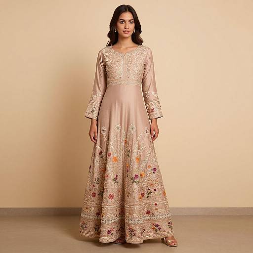 Photograph of a South Asian woman with medium skin, black hair, in a long, cream-colored, embroidered traditional kurti and lehenga against