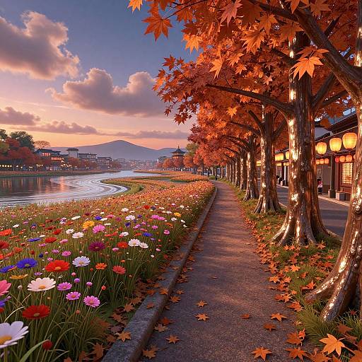 Photograph of a vibrant autumn scene: colorful flowers line a pathway beside glowing lanterns, with orange-leaved trees and a serene river under a pink