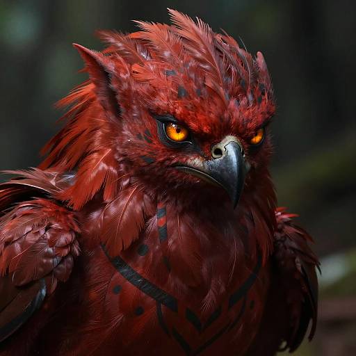 Photorealistic digital artwork of a fierce, red-feathered owl with glowing orange eyes, sharp black beak, and intense gaze, set against