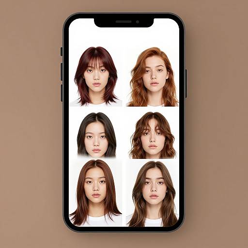 Photograph of a smartphone displaying six identical headshots of Asian women with different hair colors and styles, against a white background.