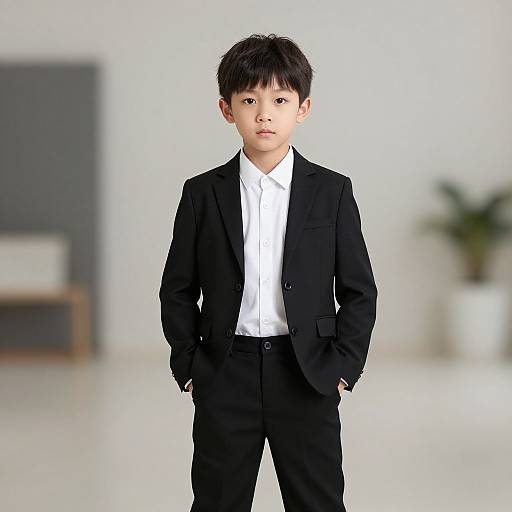 Photograph of an Asian young boy with short black hair, wearing a black suit and white shirt, standing confidently with hands in pockets, in a modern