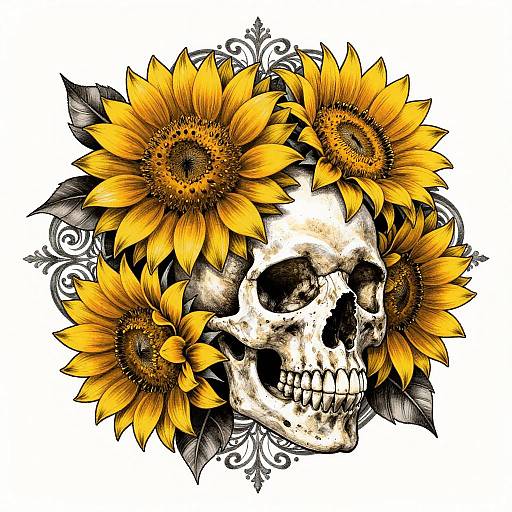 Detailed tattoo-style illustration of a white skull surrounded by vibrant yellow sunflowers with intricate black floral patterns in the background.