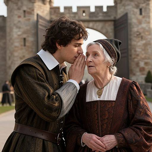 Photograph of a young man in period attire kissing the hand of an elderly woman in a black headscarf and brown dress, in front of a