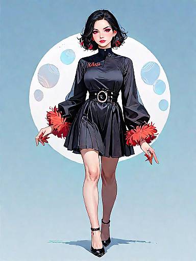 Stylish Woman in Black Dress with Red Accents