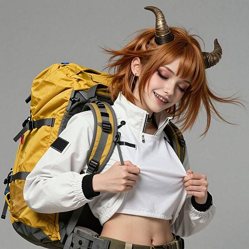 Digital art of a smiling, red-haired girl with horns, wearing a white crop top, yellow backpack, and gray pants, lifting her top. Gray