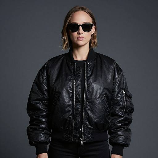 Photograph of a woman with short brown hair, wearing black sunglasses, a shiny black bomber jacket, and black pants, against a dark blue background.