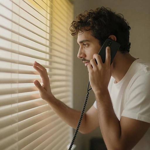 Man Talking on Corded Phone by Window Blinds