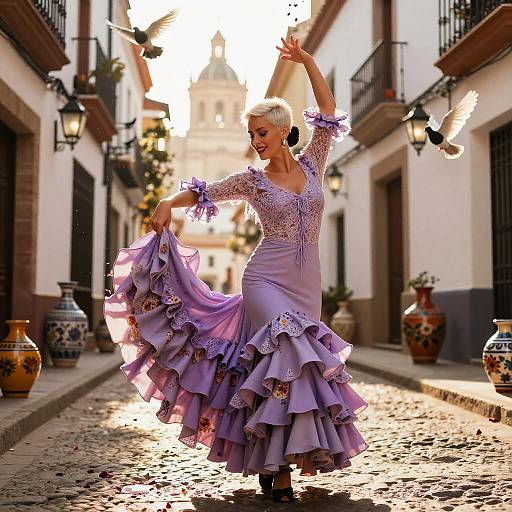 Flamenco Dancer in Lilac Dress on Spanish Street