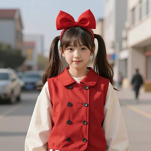 Young Girl in Red Fred Costume with Bow
