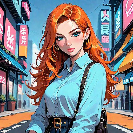 Anime Style Red-Haired Woman in Neon City
