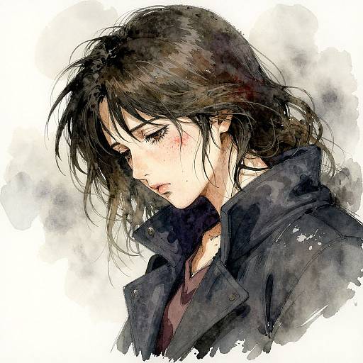 Digital watercolor portrait of a melancholic young woman with messy black hair, wearing a dark coat, gazing downward with a pensive expression.
