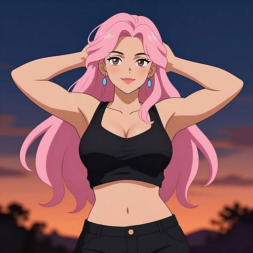 Digital anime-style illustration of a pink-haired woman with blue earrings, black crop top, and black pants, arms raised, against a sunset sky.
