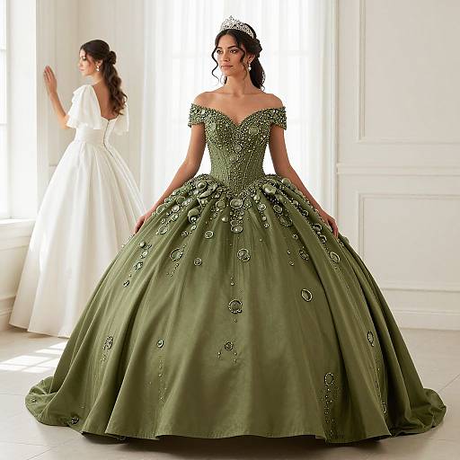 Photograph of a woman in an off-shoulder, emerald green, intricately beaded ball gown with a full skirt, standing in a