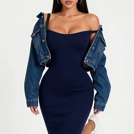 Photograph of a woman with long black hair, wearing a tight black off-shoulder dress and an unbuttoned denim jacket, large hoop earrings