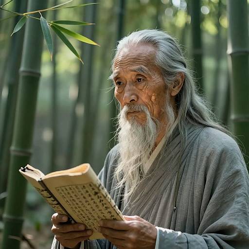 Photograph of an elderly Asian man with long white hair and beard, wearing a gray robe, reading a book in a bamboo forest, sunlight filtering through