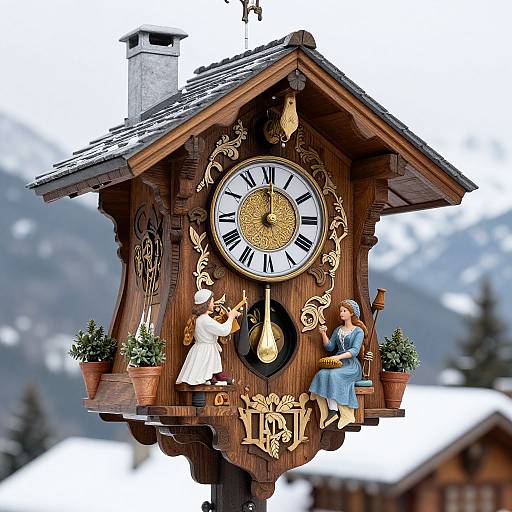 Photograph of ornate wooden Alpine clock with Roman numerals, featuring two figurines (girl in white dress, woman in blue dress) and p