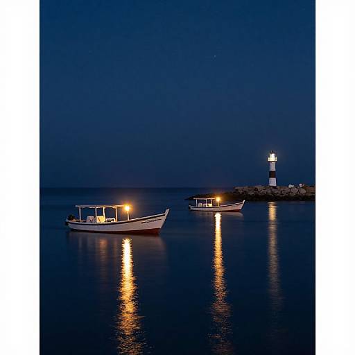 Photograph of a dark blue night sea with two lit boats reflecting on calm water, a white-striped lighthouse on the right.