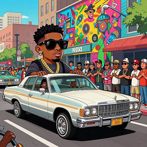 Colorful cartoon of a confident Black man with afro, sunglasses, gold chains, driving a white vintage car through a vibrant city street with a colorful